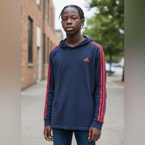 Adidas Navy Hooded Long Sleeve Shirt Youth L 14/16 Red Stripes Cotton Logo